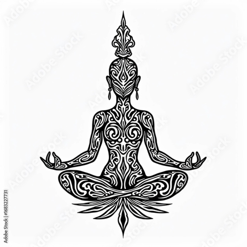 Tranquil Meditation: An intricate and artistic depiction of a person in lotus position, eyes closed, embodying inner peace and spiritual focus.