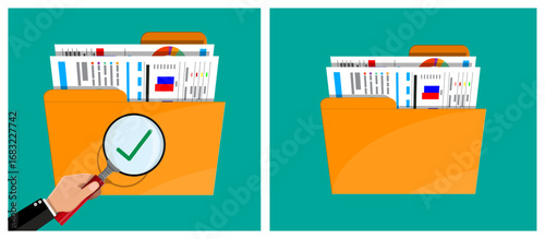 Hand of a man holding a magnifying glass checking files in a folder. Approved document search concept. Financial data verification.