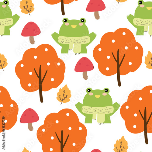Wallpaper Mural Seamless pattern cartoon cute frog wearing a green scarf with white background with autumn vibes. cute autumn fall wallpaper for fabric print, gift wrapper Torontodigital.ca