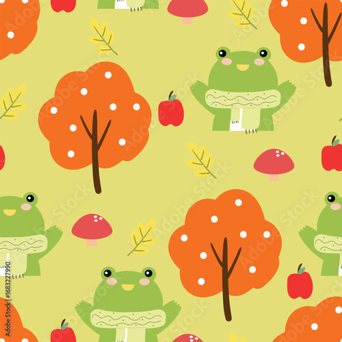 Wallpaper Mural Seamless pattern cartoon cute frog with autumn vibes. cute autumn fall wallpaper for fabric print, gift wrapper Torontodigital.ca