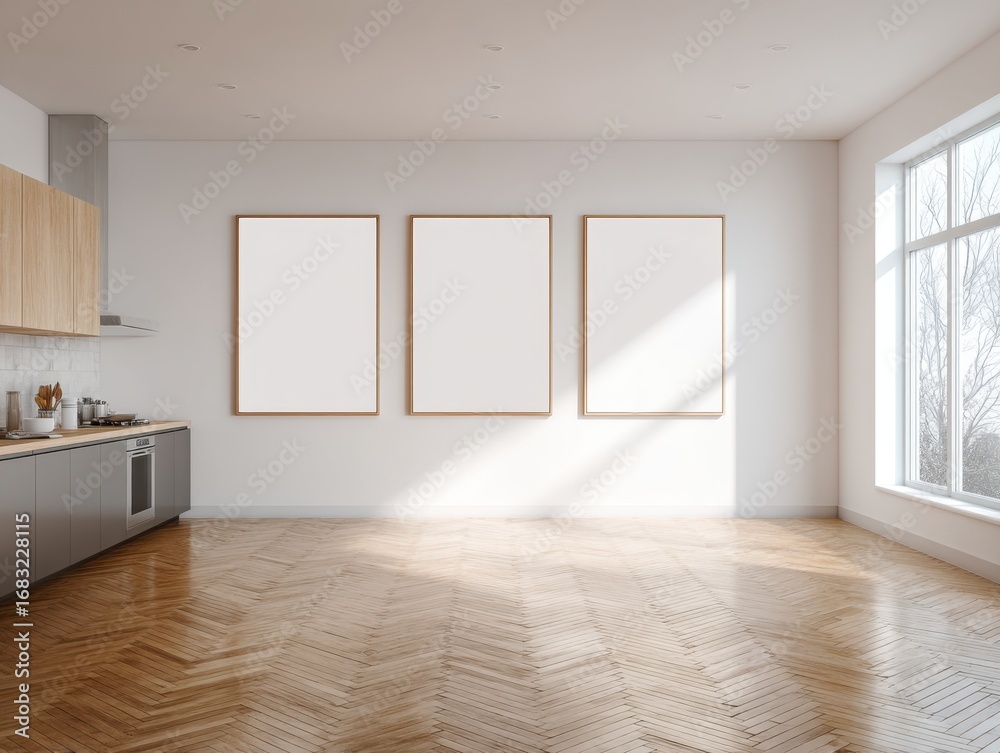 Fototapeta premium A kitchen with a white wall and three empty picture frames