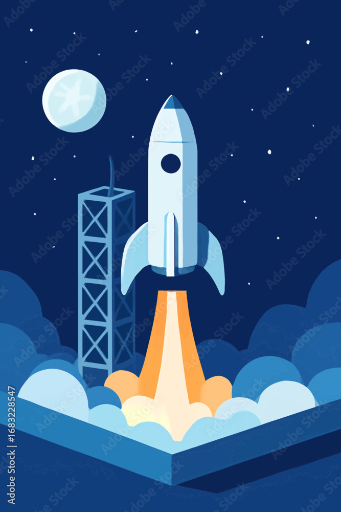 Naklejka premium Rocket Launching into Space with Moon and Stars - A Journey of Exploration