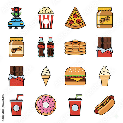 Collection of fast food and sugary treats, including pizza, burgers, donuts, soda, coffee, ice cream, pancakes, and chocolate bars, all on a white background