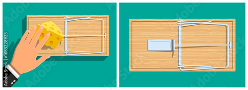 Man hand reaching for cheese on a mousetrap. Business trap concept, easy money risk. Danger of fraud investment design.