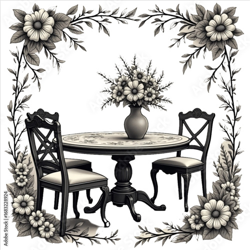 Elegant Dining Scene: A stylish monochrome illustration of a dining table set for a refined meal, complete with a flower vase.