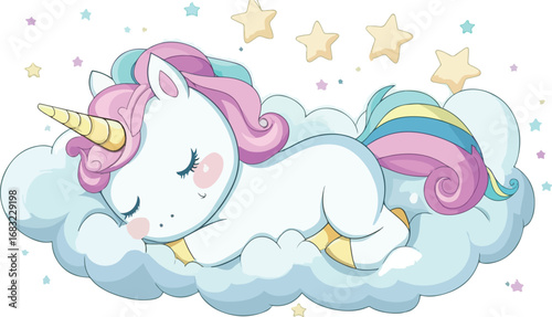 Adorable cartoon unicorn peacefully sleeping on a fluffy cloud surrounded by stars