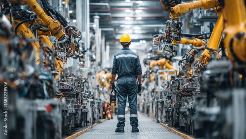 Industrial worker in a factory with robotic arms