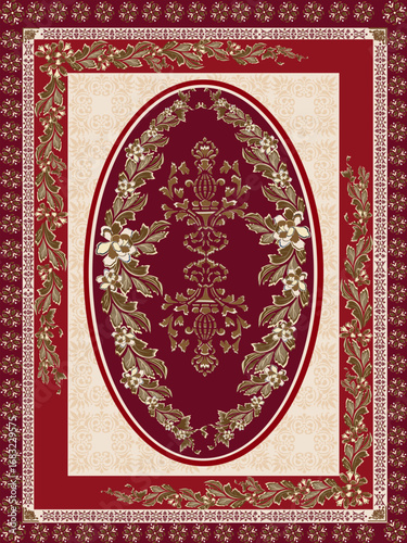 Hand-drawn vector carpet design featuring an elegant oval floral frame with classic ornamental patterns. Perfect for interior decoration, textile design, and luxury home decor projects