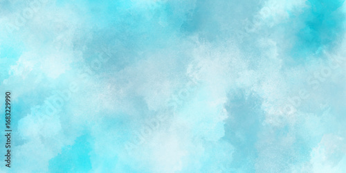 Blue sky with white clouds Abstract nature background of romantic summer. Sunny sky blue light watercolor aquarelle painting brush effect. Fantastic fuzzy and puffy blue sky for design.	