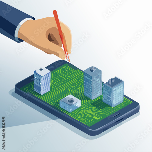 Conceptual illustration of a businessman's hand using tweezers to build a digital city on a smartphone circuit board