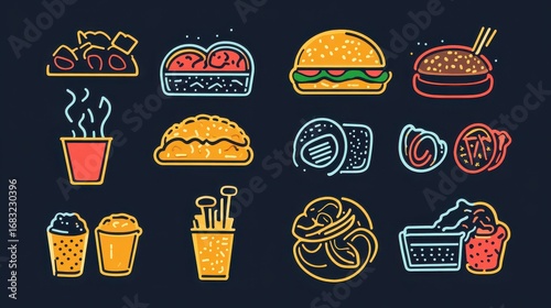 Restaurant takeaway menu with colorful food icons. --ar 16:9 --v 6.1 Job ID: 5b867e4b-ffa7-40e4-a2dc-fe4bcf7fa3b3