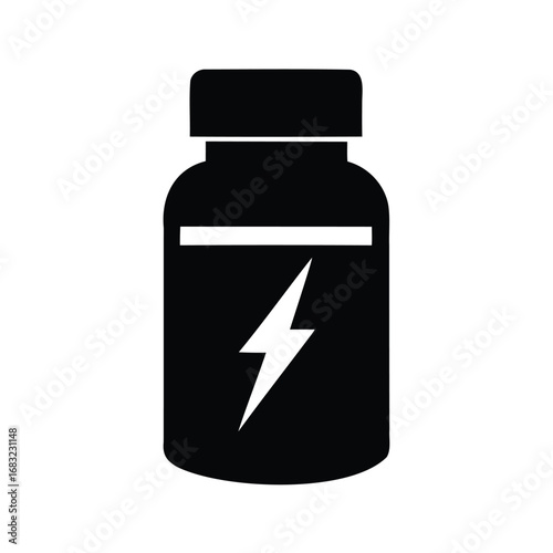 Simple vector illustration of a supplement bottle with a lightning bolt, vitamin bottle silhouette vector illustration