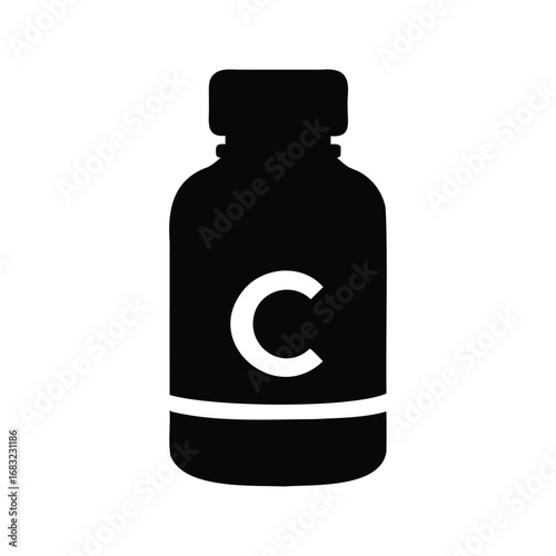 Vitamin C bottle silhouette, a pharmaceutical product for boosting immune system health, vitamin c bottle silhouette vector illustration