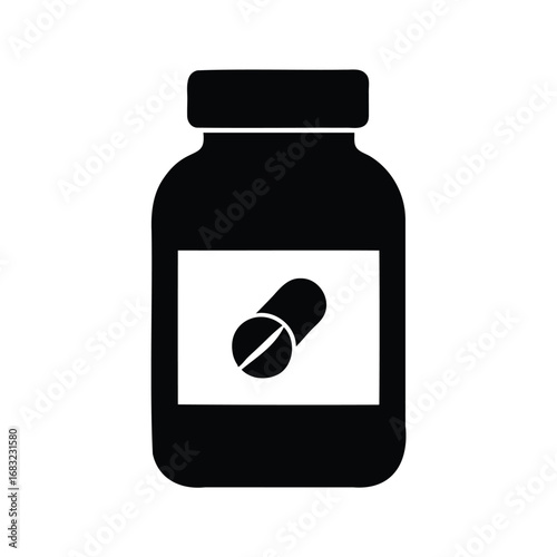 Bottle of medication with pill illustration, showing health and well being, zinc supplement pack silhouette vector illustration