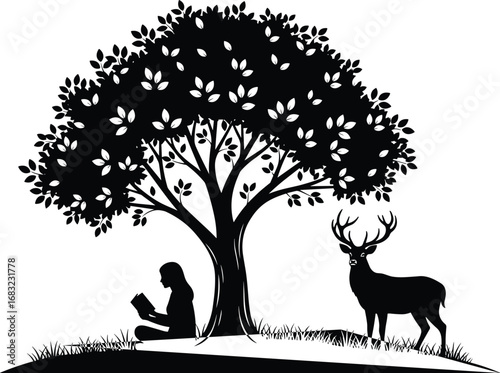 Girl reading book under tree with deer in peaceful forest, wildlife nature silhouette vector illustration for outdoor education concept.