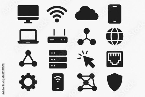 Technology & Network Solid Icons Set – Silhouette Connectivity & Digital Symbols for Modern Design