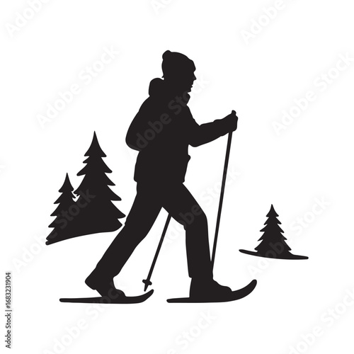 Silhouette of a person snowshoeing through a winter forest adventure outdoors recreation