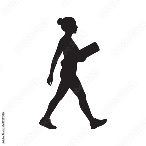 Silhouette of a woman walking with a yoga mat promoting fitness and wellbeing