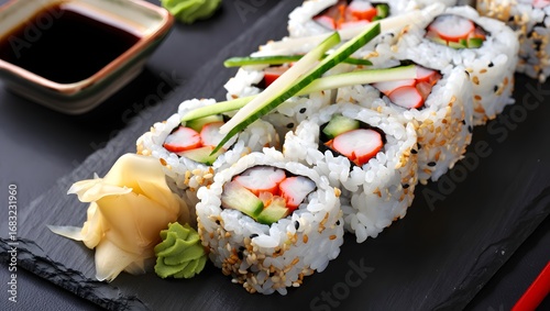 Delicious california roll sushi platter with soy sauce wasabi and pickled ginger