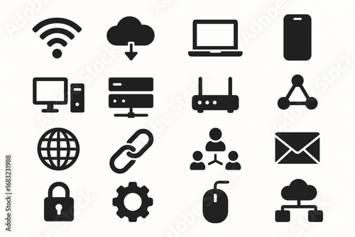Technology & Network Solid Icons Set – Silhouette Connectivity & Digital Symbols for Modern Design