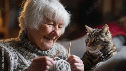 Elderly woman smiling while knitting on the couch with her cat, cozy lifestyle moment of happiness and relaxation at home