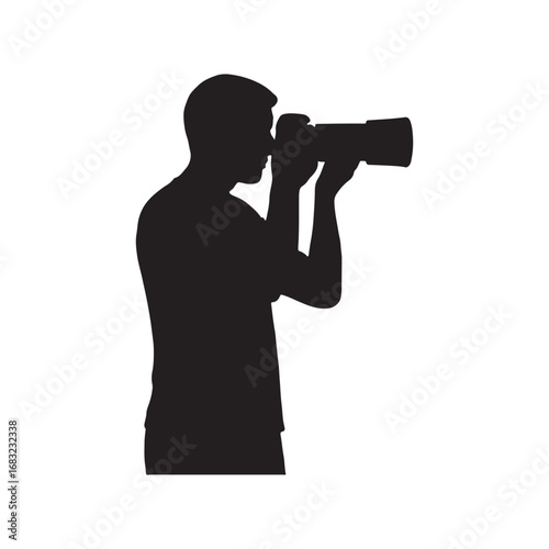 Silhouette of Photographer with Camera and Long Lens on White Background for Visual Arts