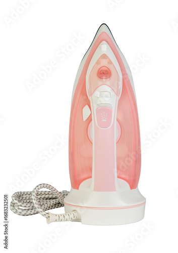 A detailed studio shot of a modern pink and white cordless steam iron resting on its charging base, isolated on a transparent  background