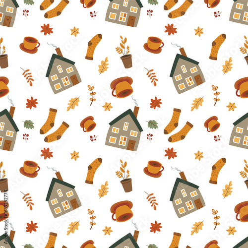 Autumn hand drawn seamless pattern. Vector fall leaves, house, warm socks, cup of coffee, tea. Harvest time. Thanksgiving day. Vector illustration.