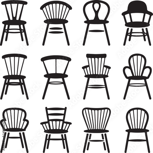 classic, wooden, dining, chair, collection, featuring, various, windsor, and, spindle, back, furniture, designs, for, interiors, vector