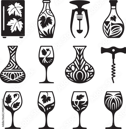 elegant, winery, and, sommelier, icon, collection, with, decorative, wine, glasses, decanters, and, corkscrew, silhouettes, vector