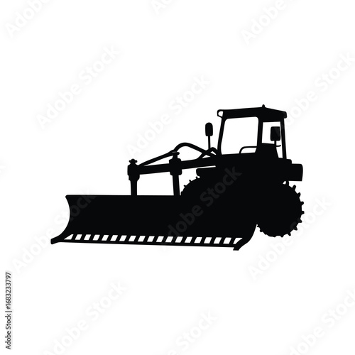 Silhouette of a bulldozer with a large blade, powerful heavy equipment, plow silhouette vector illustration