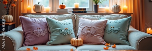 Cozy autumn living room with decorative pillows and pumpkins