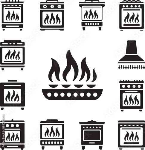 kitchen, gas, stove, and, oven, icon, set, showing, cooktop, burners, with, flames, for, culinary, and, home, cooking, concepts, vector