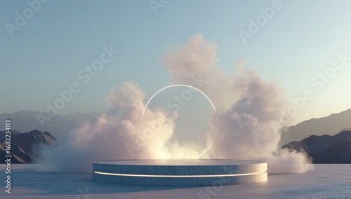 Minimalist pedestal with glowing ring, clouds, mountains