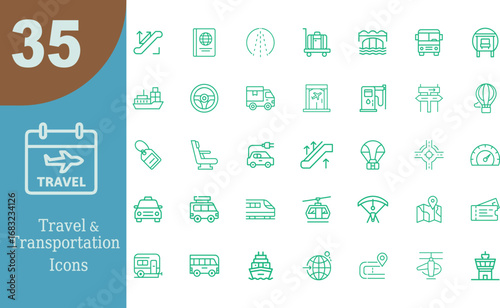 Comprehensive collection of travel and transportation icons featuring diverse modes of transport and related activities for digital and print applications