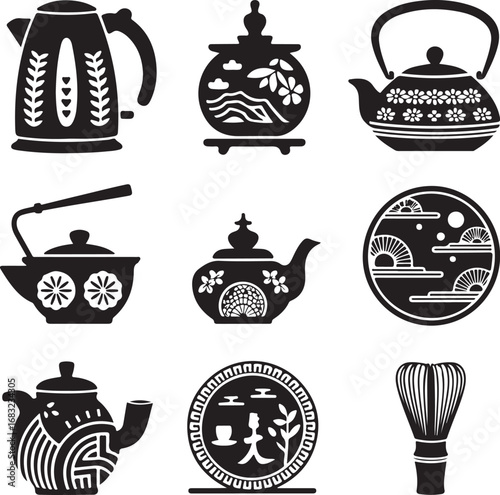 traditional, japanese, tea, ceremony, equipment, set, with, teapot, kettle, matcha, whisk, and, oriental, cultural, symbols, vector
