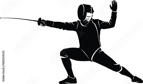 A fencer in action, poised for attack with sword in hand