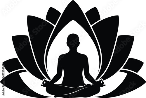Silhouette of a person meditating in lotus position inside a lotus flower, representing yoga and mindfulness