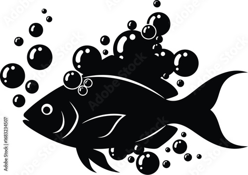 Silhouette of a fish with bubbles, symbolizing aquatic life and beauty of underwater ecosystems