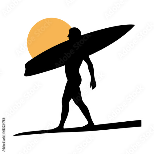 Surfer silhouette with vintage longboard on golden beach at fiery sunset, waves crashing, adventure, and freedom lifestyle