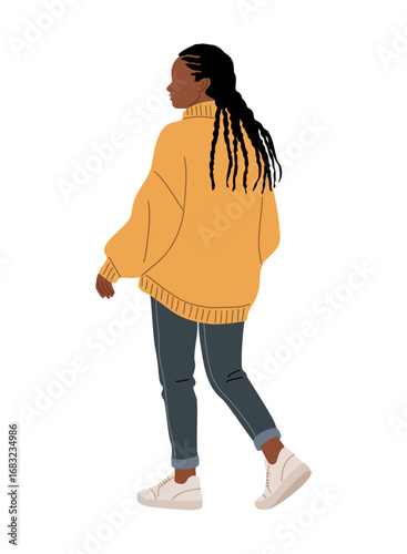 Vector illustration of a young Black teenage girl with afro dreadlocks in warm fall casual clothes, sweater, jeans, and sneakers, standing rear view on transparent background