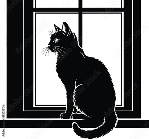 A silhouette of a cat sitting a window sill, looking out with curiosity and a sense of domestic tranquility