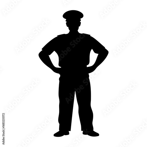 Gritty graphic novel style police officer silhouette in neon cityscape with rain, skyscrapers, noir tension and urban authority