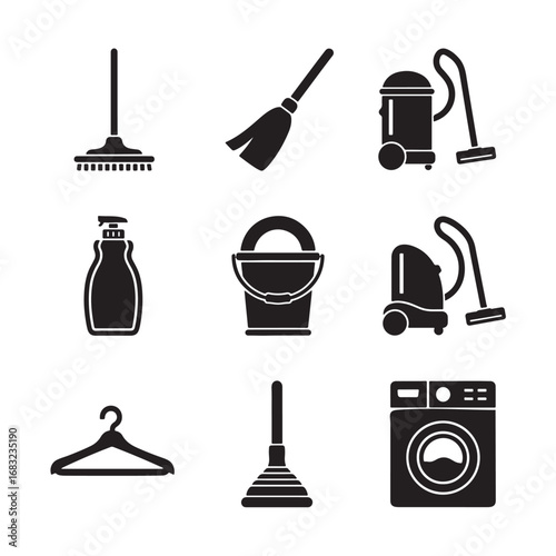 9 House Cleaning Icons Bundle | Household Cleaning Equipment Icons, Modern Vector Pack