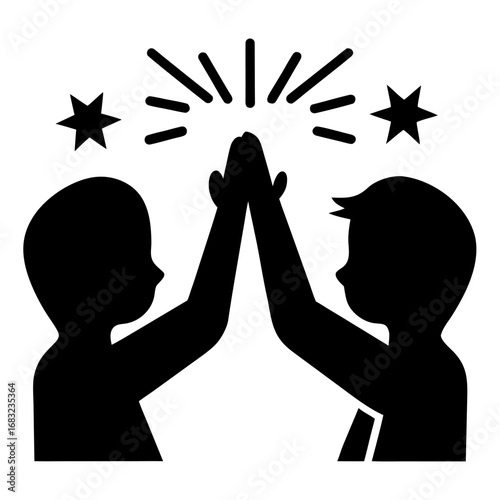 Astronaut silhouettes high five in zero gravity nebula cosmic retro space art with galaxies stars and vibrant weightless joy
