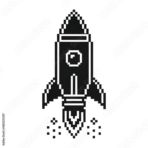Retro pixel art rocket ship launching into space