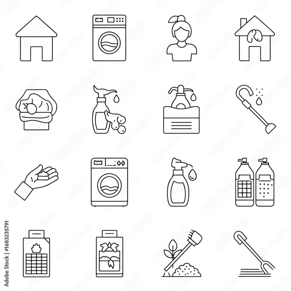 Fototapeta premium 16 House Cleaning Icons Bundle | Simple Household Cleaning Icons, Minimal Vector Pack