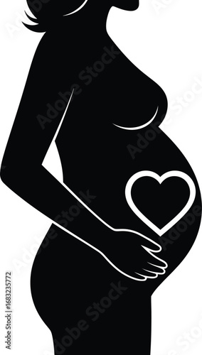 Pregnant woman silhouette with heart belly, a symbol of love and maternity in simple style