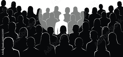 A spotlight shines a single person in a crowd, symbolizing individuality, leadership, and standing out from rest