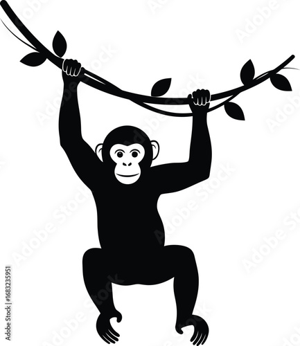 Silhouette of a monkey hanging from a vine, showcasing its playful and agile nature in a jungle setting